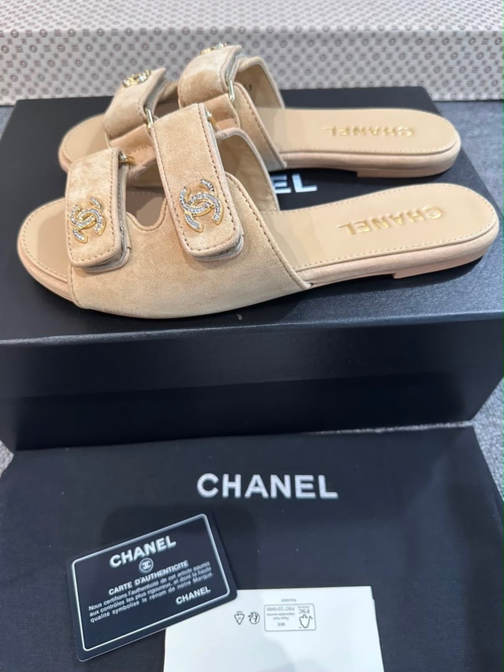 Tan Suede Double-Strap Slide Sandals with Gold CC - Picture 2 of 3